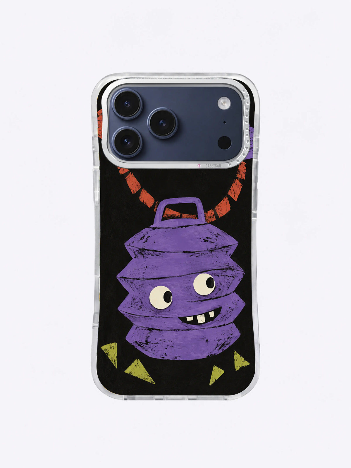 Crooked-grin violet lantern character with ivory eyes on charcoal black