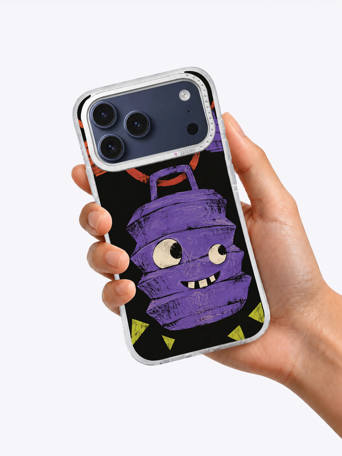 Hand holding violet lantern character iPhone 17 Pro Max case