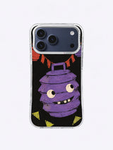 Purple lantern character with scarlet paper ribbon and chartreuse pennants on black