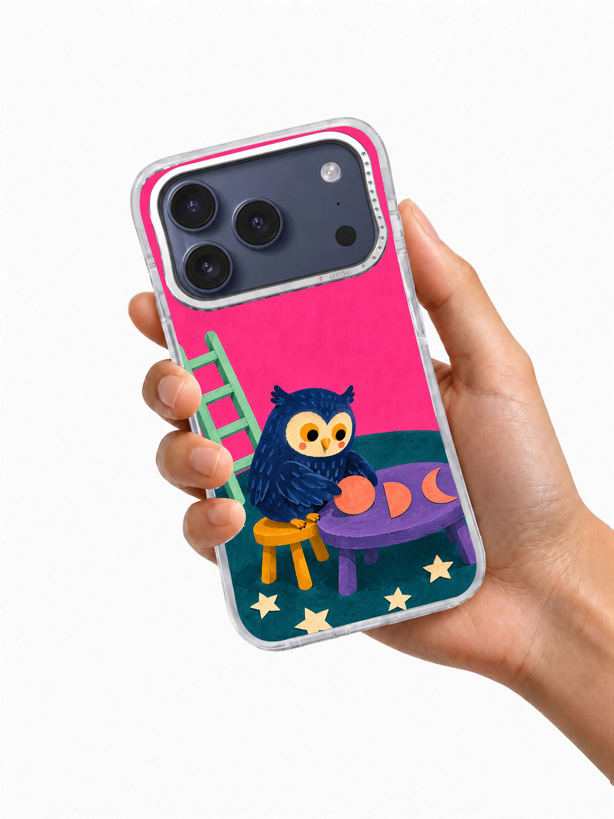 The Paper Moon Workshop transparent iPhone case in hand