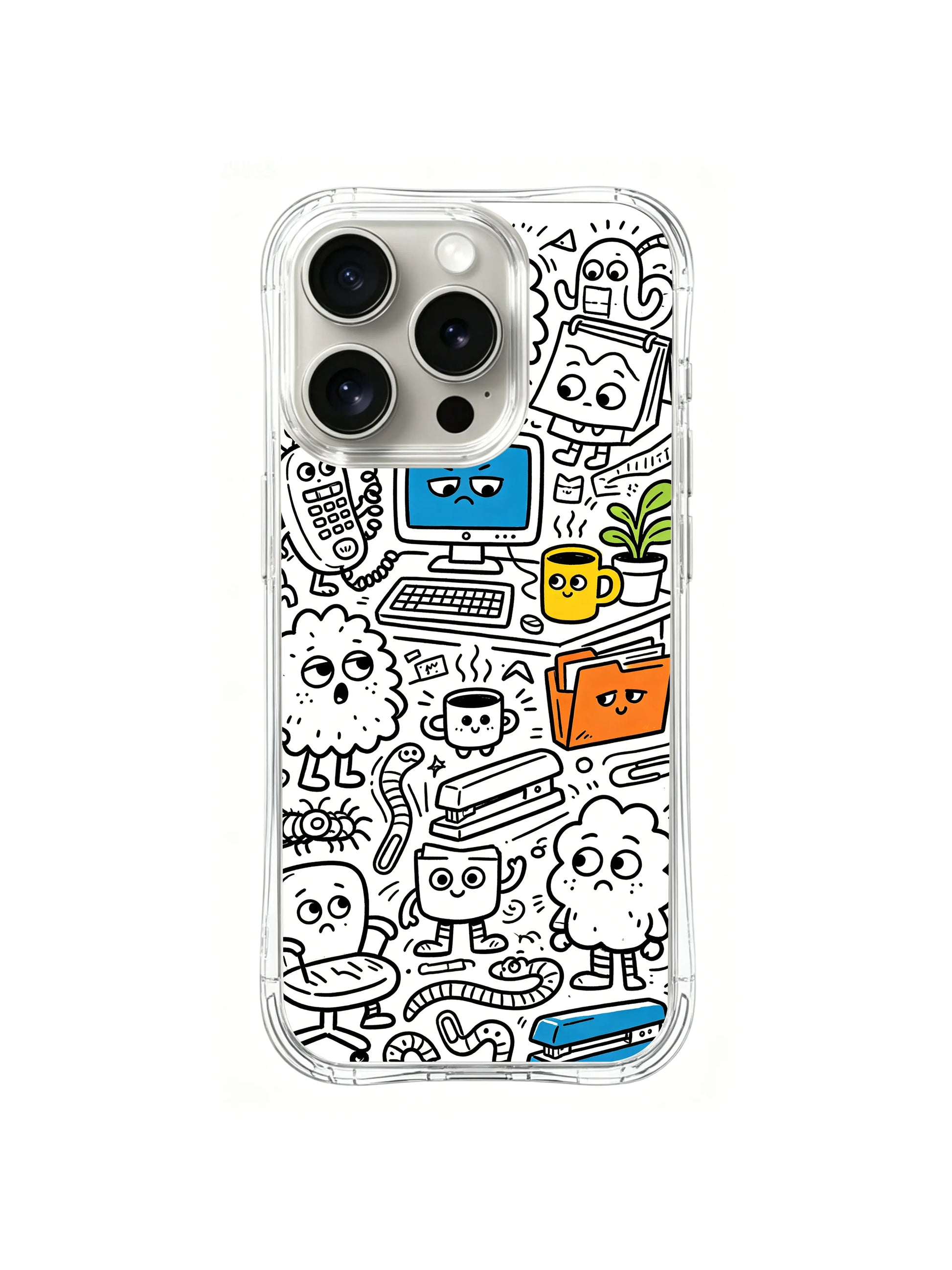 Tiny paperclip detailed monster office resident doodle iPhone 15 pro Case, lightweight shockproof phone casing, popular trending cartoon phone cover from PhoneCasing.
