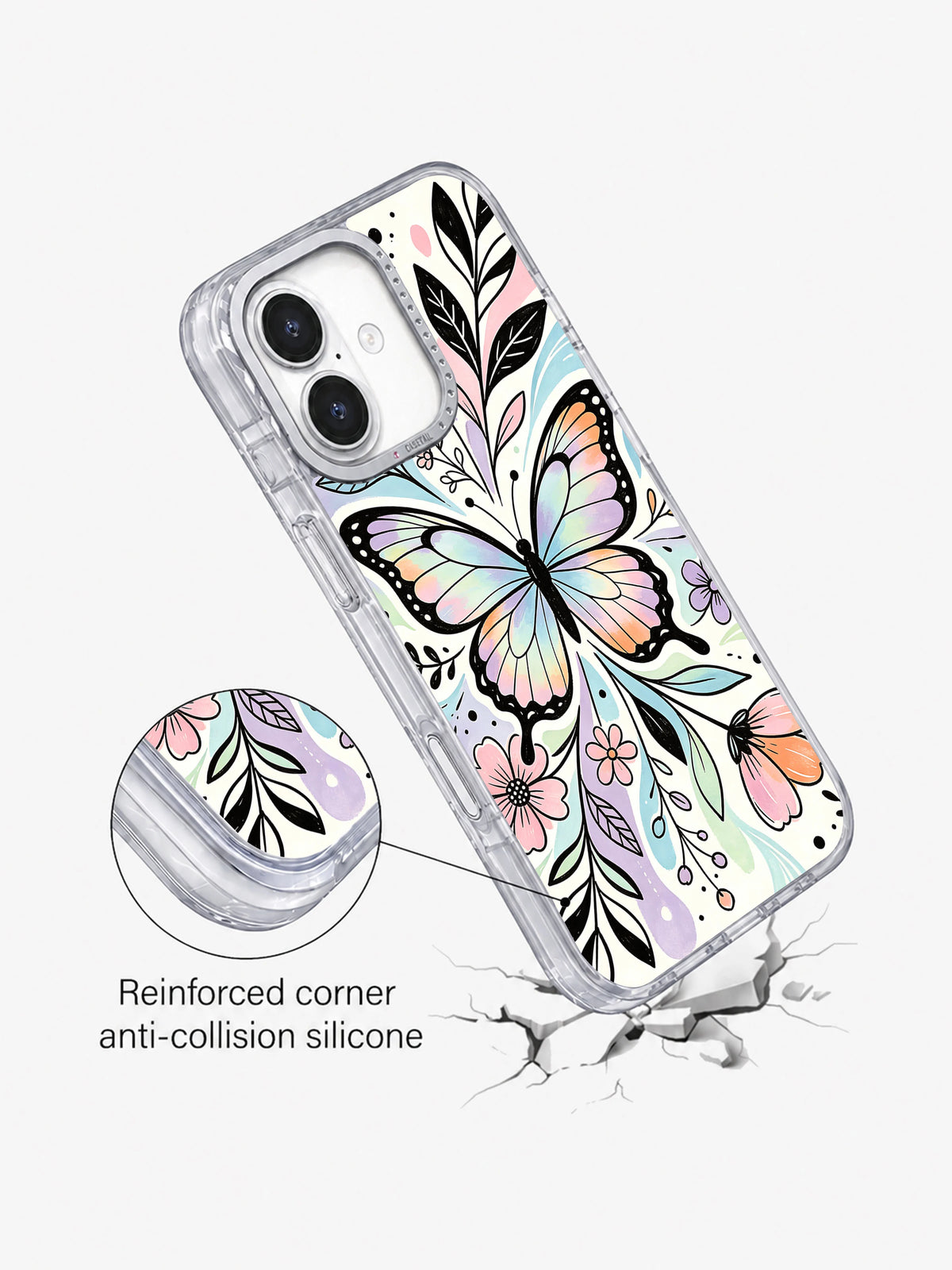 Pastel Butterfly Garden Echo iPhone 17 case angled view