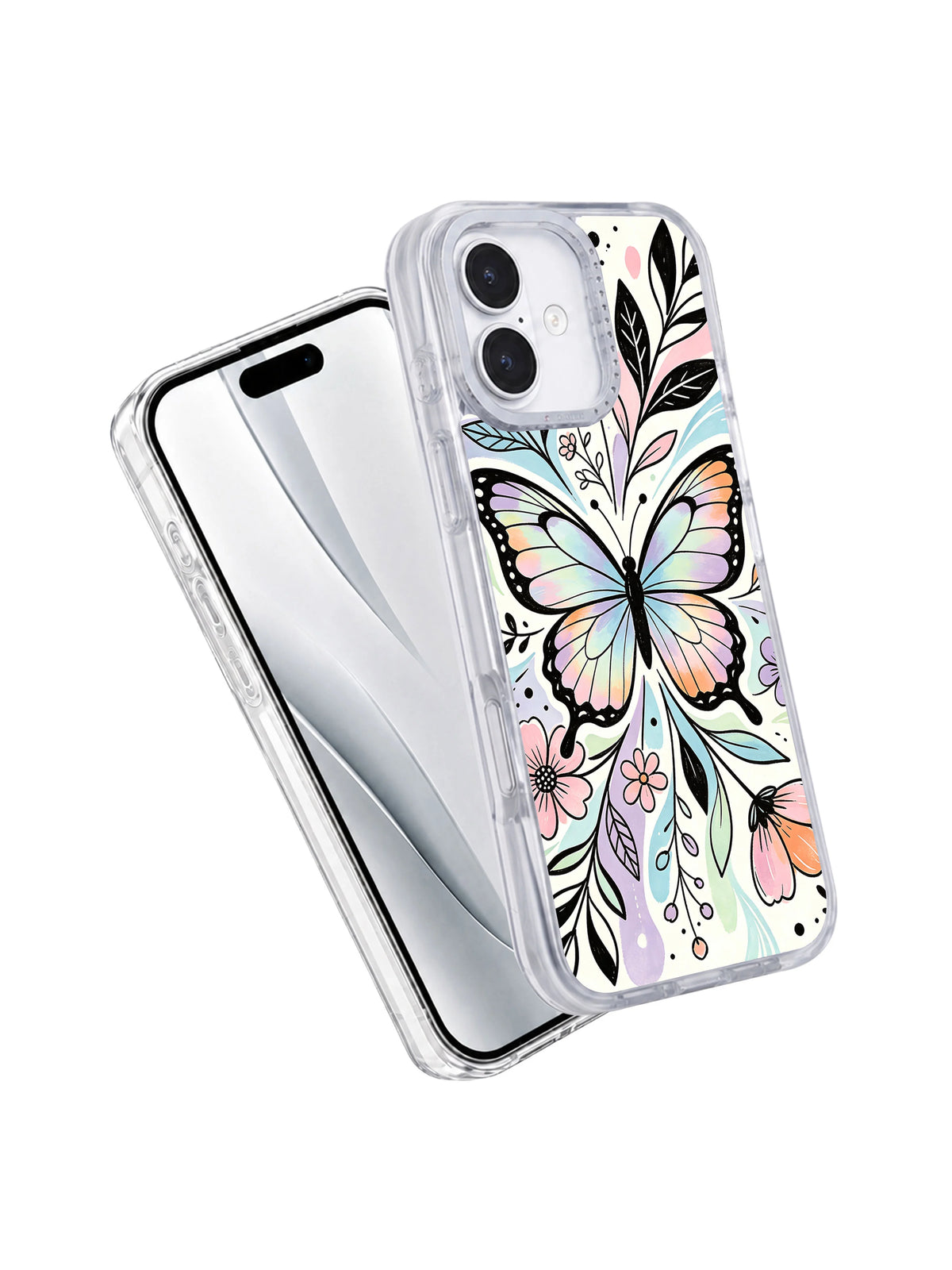 Pastel butterfly iPhone 17 case front and back view