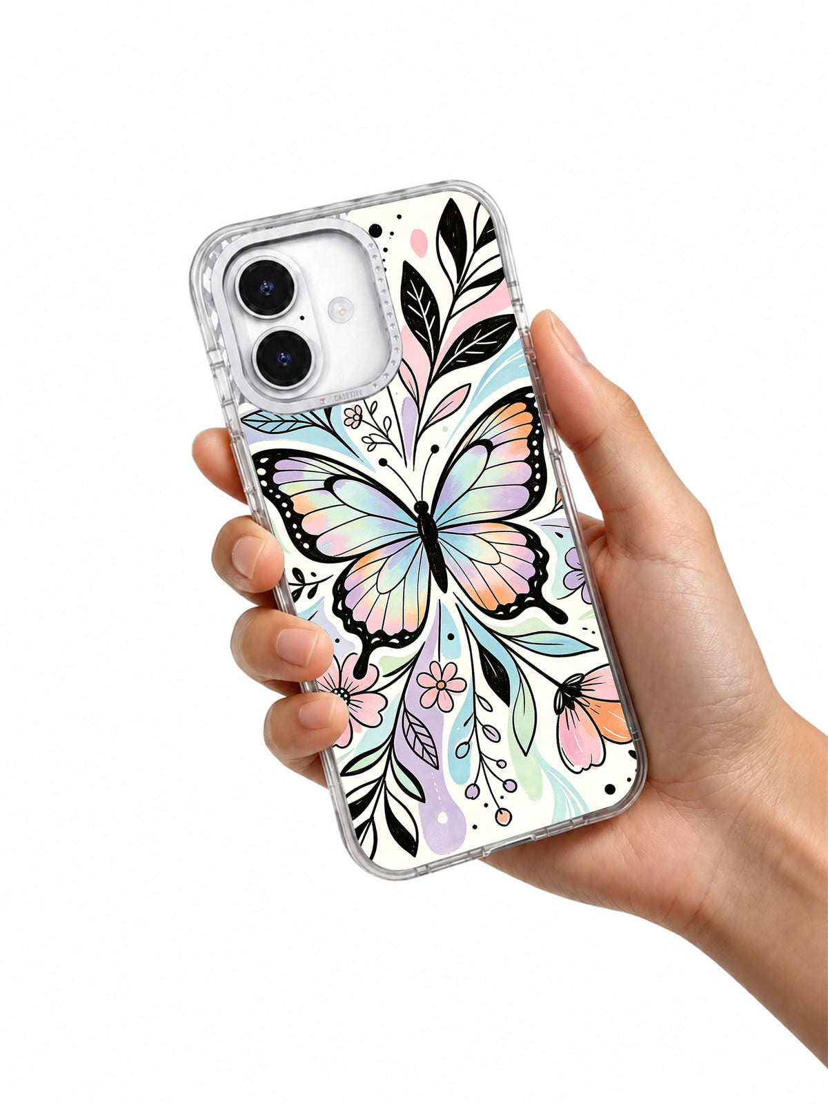 Pastel butterfly garden iPhone 17 case held in hand