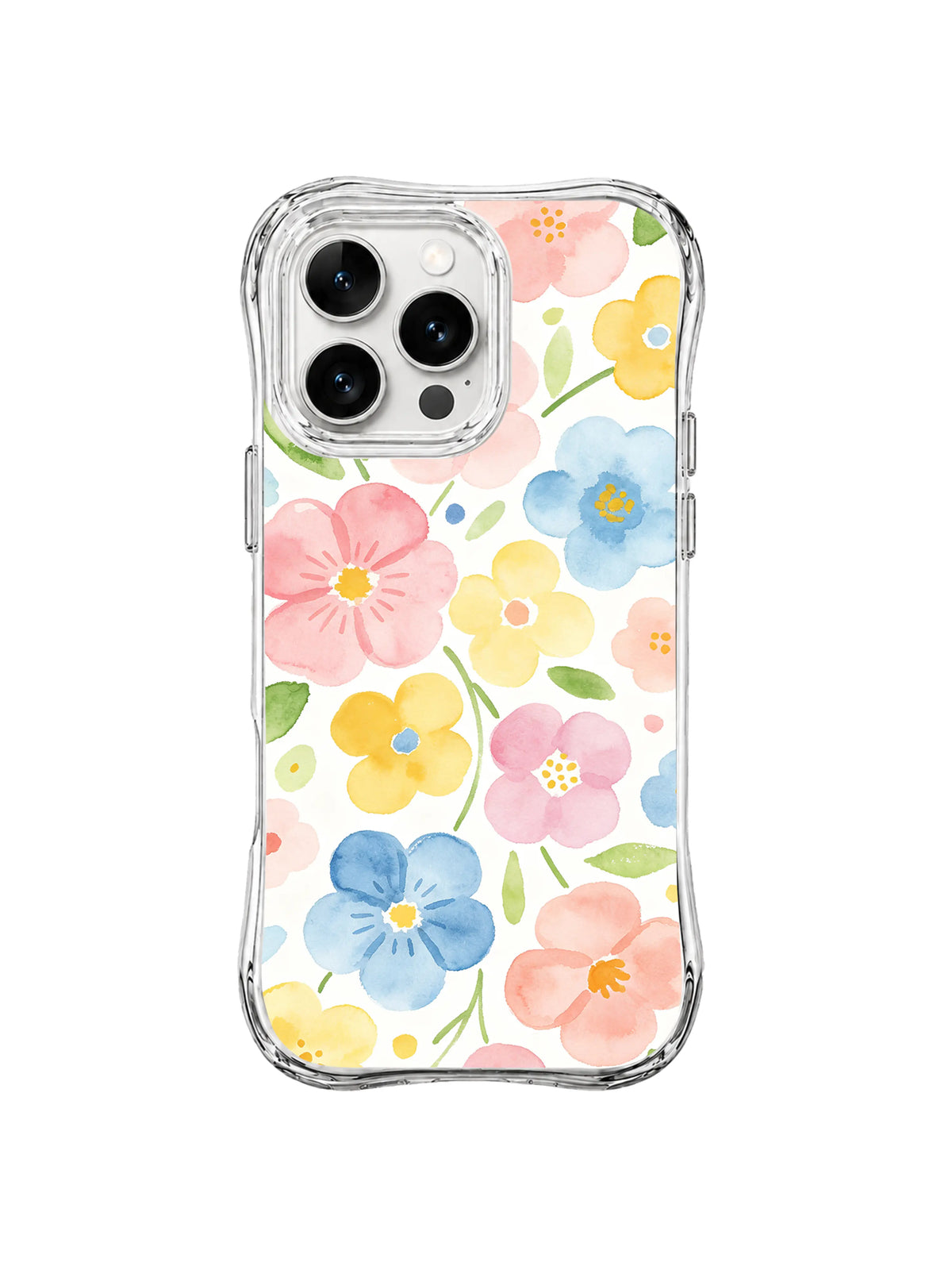 Spring Blossom Scatter: Yuvarlak pembe, sarı ve mavi çiçekler birkaç yeşil yaprakla tekrar eder.