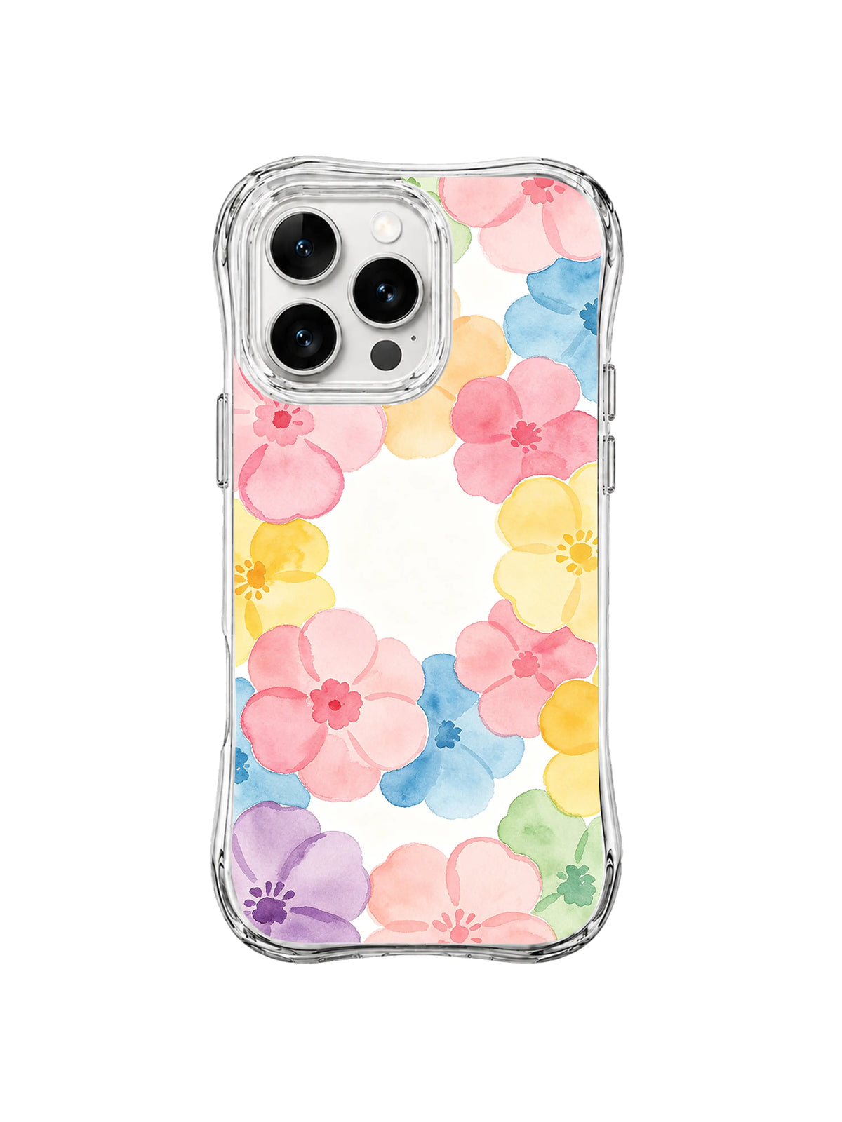 Pastel Flower Frame: Pembe, mavi, sarı ve mor çiçekler ortası beyaz açık bir çerçeve oluşturur.