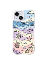 Calm Sea Daydream: A layered blue wave rolls above a sandy field of shells, fish, bubbles and starfish.