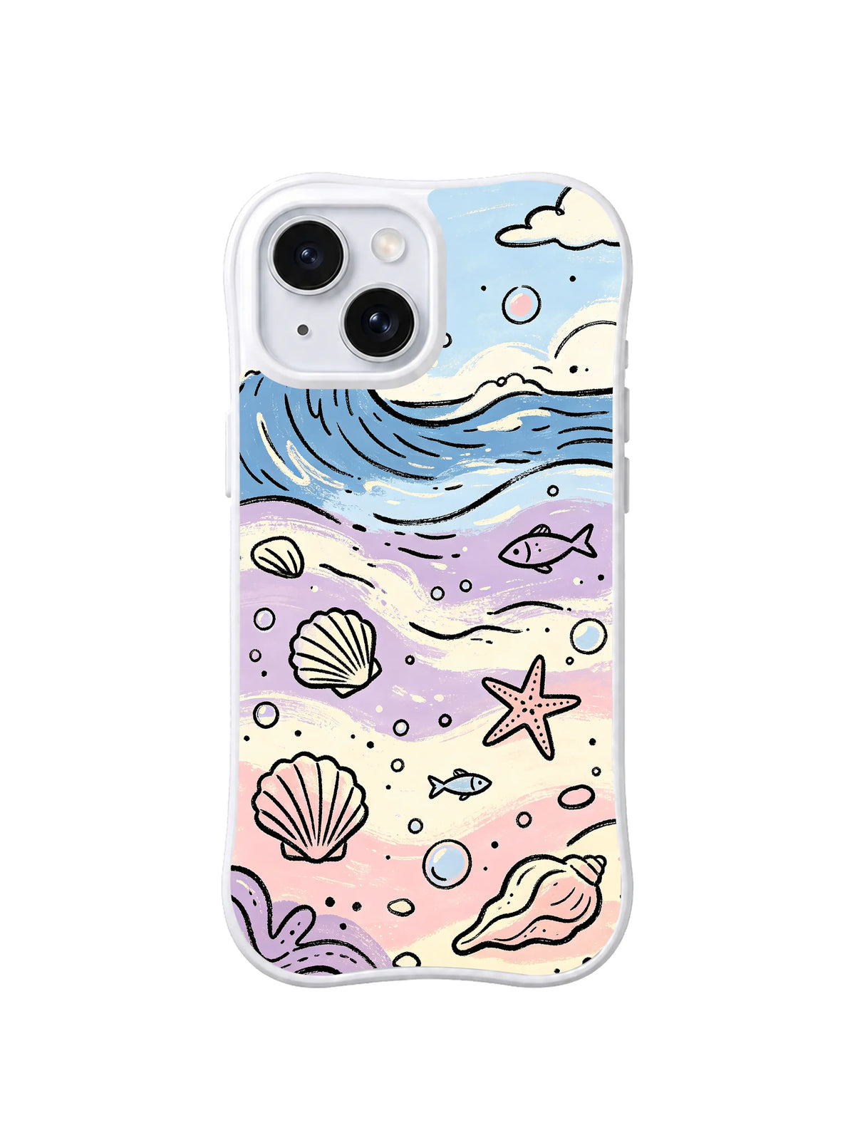 Calm Sea Daydream: A layered blue wave rolls above a sandy field of shells, fish, bubbles and starfish.