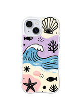 Coastal Wave Surge: A blue cresting wave divides a shell-and-starfish shore from a lavender sky.