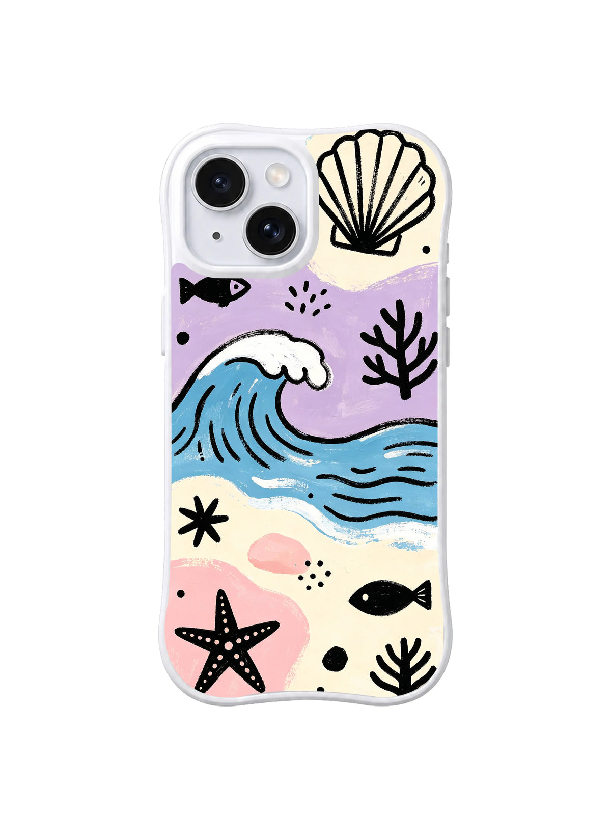 Coastal Wave Surge: A blue cresting wave divides a shell-and-starfish shore from a lavender sky.