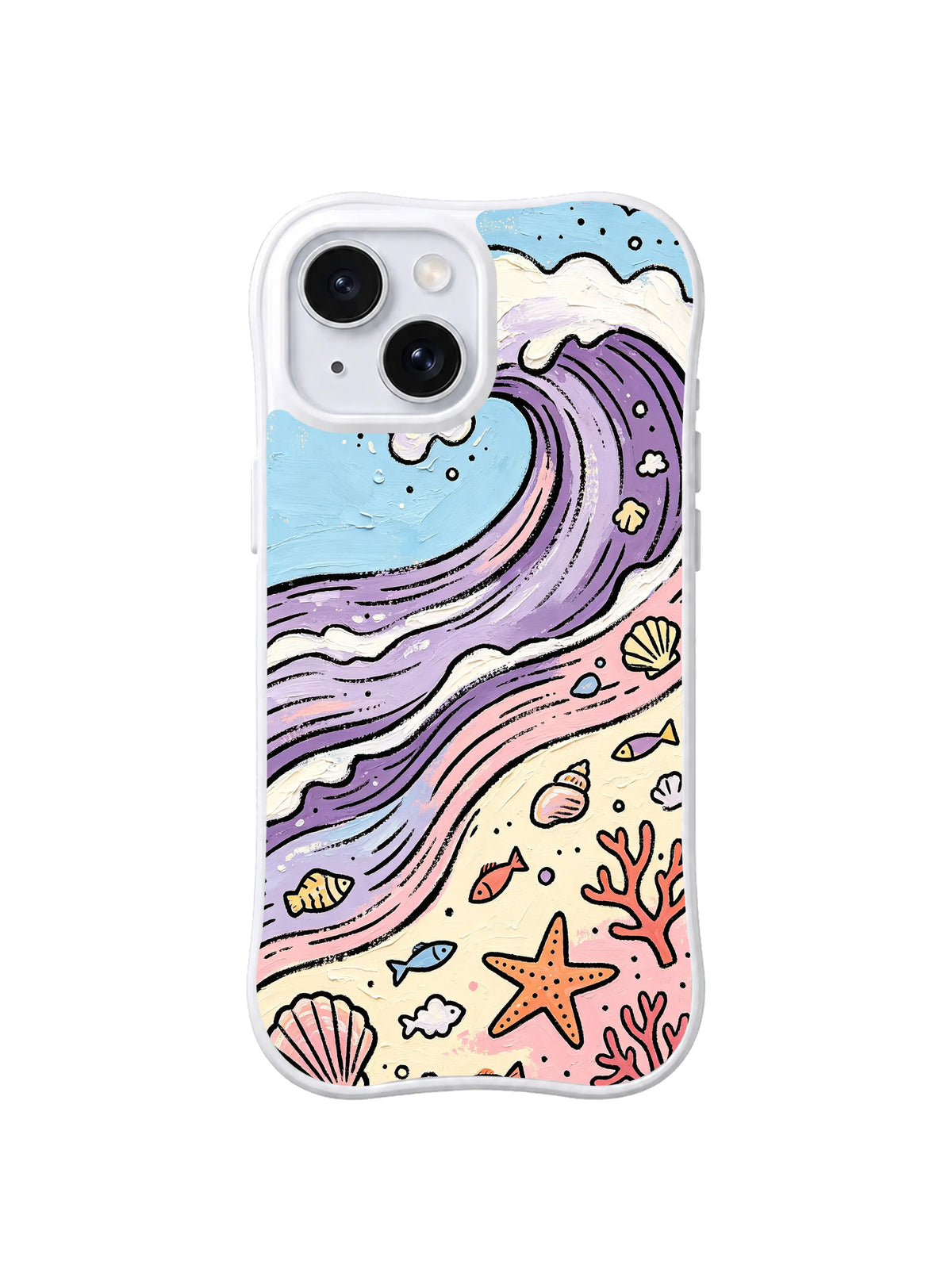 Lavender Breaker: A large lavender and blue breaker sweeps over a pastel beach with shells, coral and starfish.