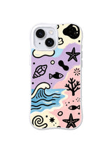 Pastel Tide Pool: Blue waves curl beneath shells, fish, coral and black starfish on cream, pink and lavender.
