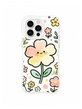 Smiling Petal Picnic: A smiling peach-and-cream flower stands among small yellow and pink blossoms on white.