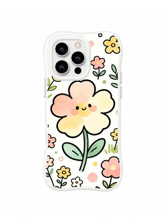 Smiling Petal Picnic: Gülümseyen şeftali ve krem çiçek beyaz zeminde küçük sarı ve pembe çiçeklerin arasında durur.