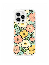 Mint Meadow Bloom: Peach, yellow and cream flowers fill a mint meadow with simple leaves and dot details.