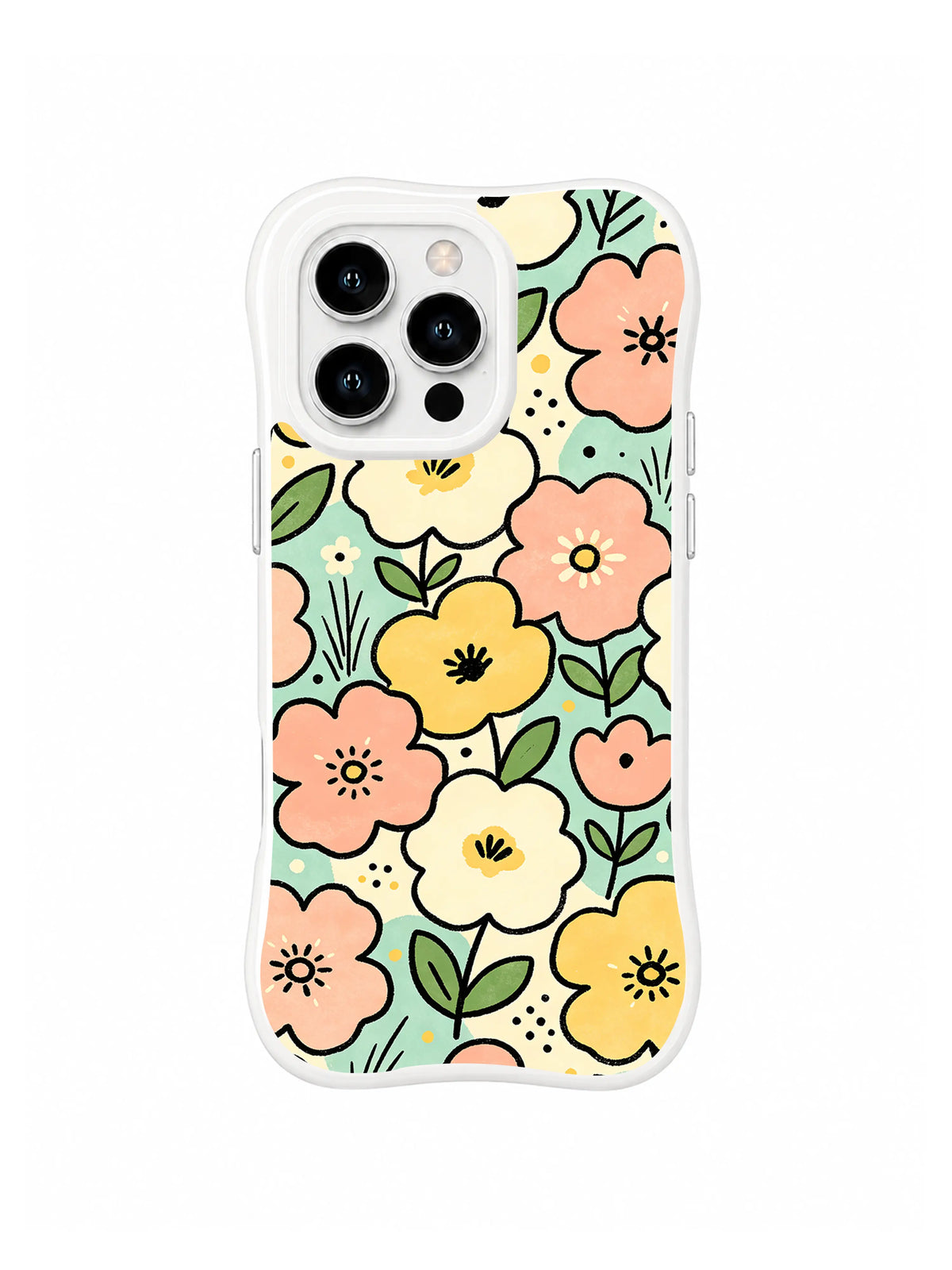 Mint Meadow Bloom: Peach, yellow and cream flowers fill a mint meadow with simple leaves and dot details.