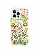 Cottage Garden Escape: Cream, peach and yellow flowers rise from a green cottage garden beneath a peach sun.