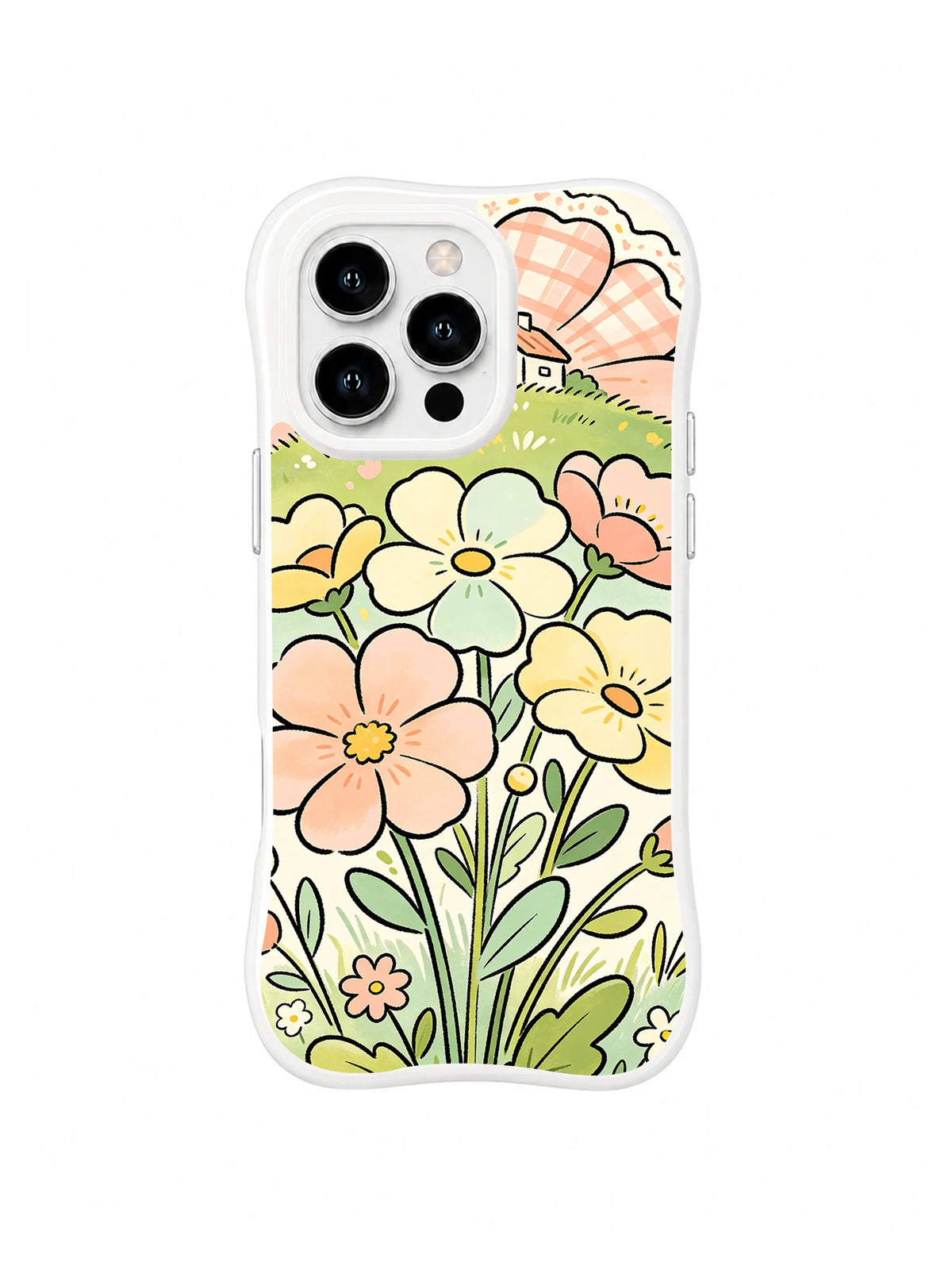 Cottage Garden Escape: Cream, peach and yellow flowers rise from a green cottage garden beneath a peach sun.