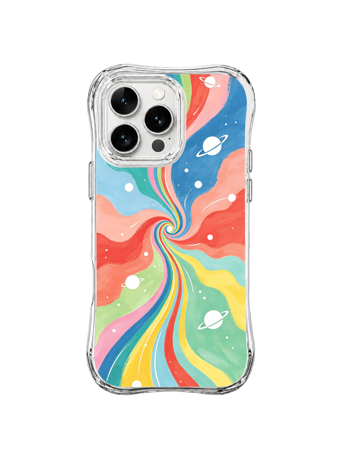 Cosmic Planet Vortex: White ringed planets orbit a multicolor vortex of blue, coral, mint, pink and yellow.