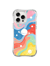 Planet Dream Current: One large ringed planet and smaller white circles sit among pink, blue, coral, mint and yellow currents.