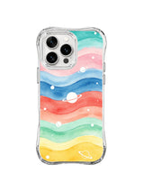 Rainbow Orbit Horizon: White planets and dots float over horizontal turquoise, pink, blue, coral, mint and yellow bands.