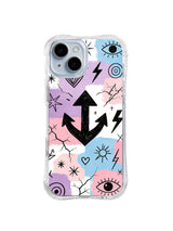 Rebel Anchor Rhythm: A black anchor is surrounded by eyes, arrows, stars, spirals and lightning on pastel blocks.