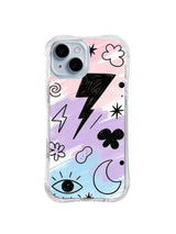 Electric Bloom Moon: A large black lightning bolt crosses pink and blue patches with flowers, an eye and a crescent moon.