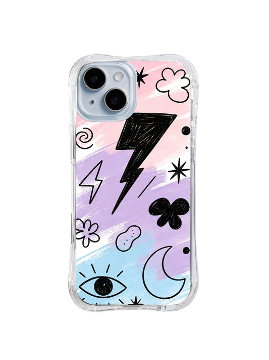 Electric Bloom Moon: A large black lightning bolt crosses pink and blue patches with flowers, an eye and a crescent moon.