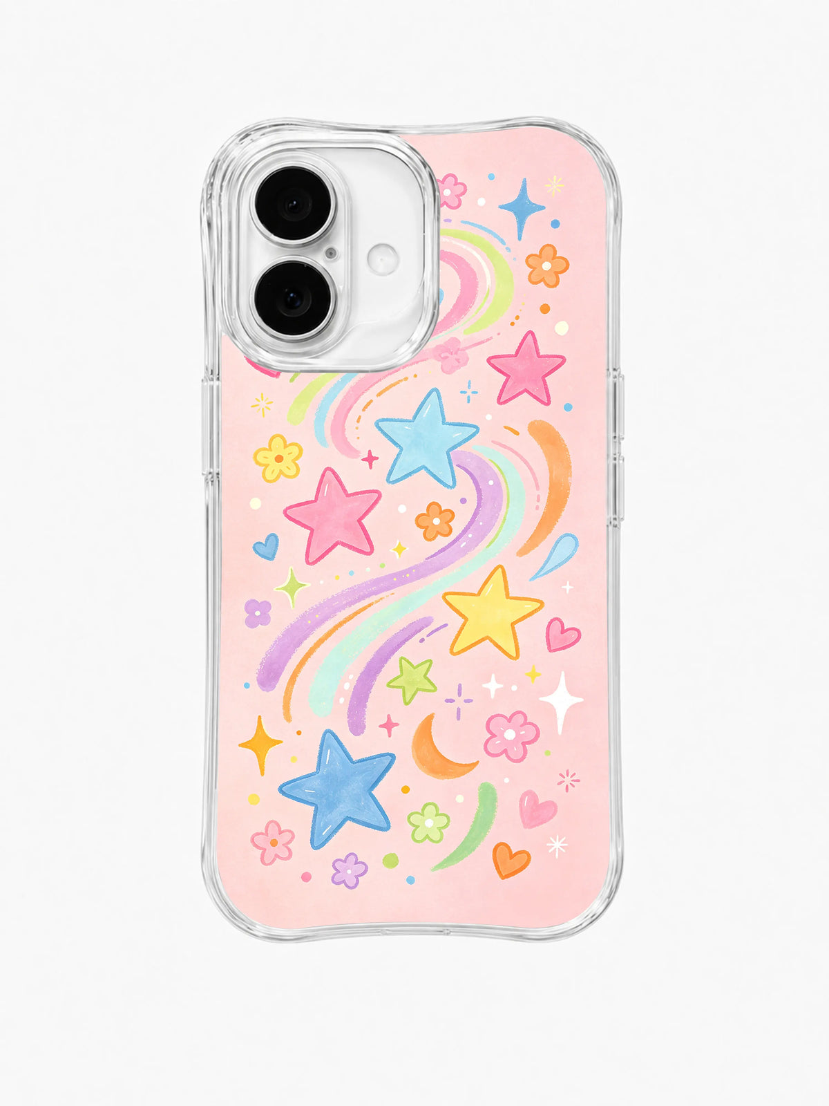 Pastel Shooting Star Garden: Pastel yıldızlar minik çiçekler, kalpler ve parıltılar arasında gökkuşağı izleri bırakır.