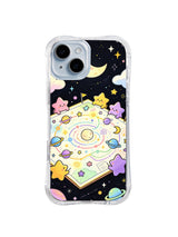Pastel Galaxy Atlas: Smiling stars surround an open pastel atlas filled with planets and orbital rings.