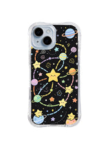 Orbit Trail Star Friends: Smiling pastel stars follow colored orbit trails among planets and small cosmic symbols.