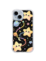 Rainbow Planet Star Paths: Large smiling stars float among rainbow paths, ringed planets and crescent moons.