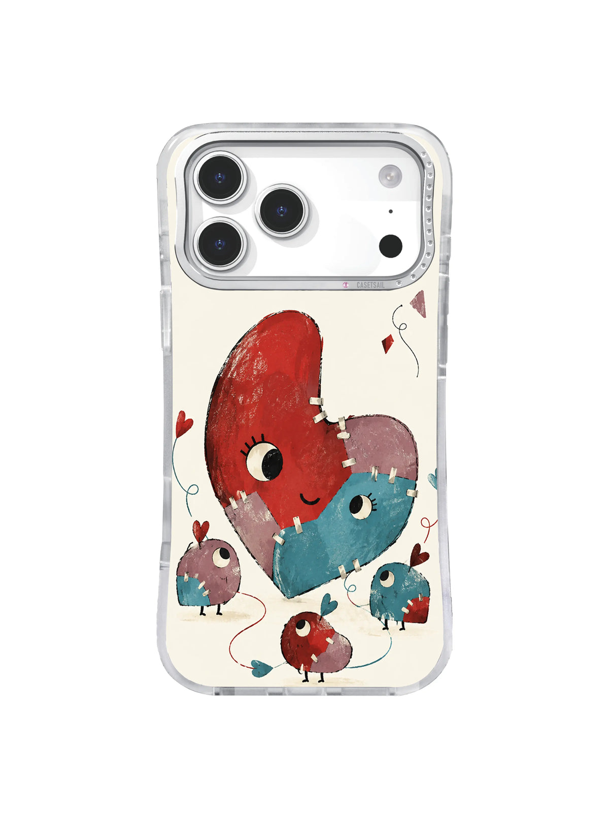 The Patchwork Heart Repair orbiting patch friends artwork on an iPhone case
