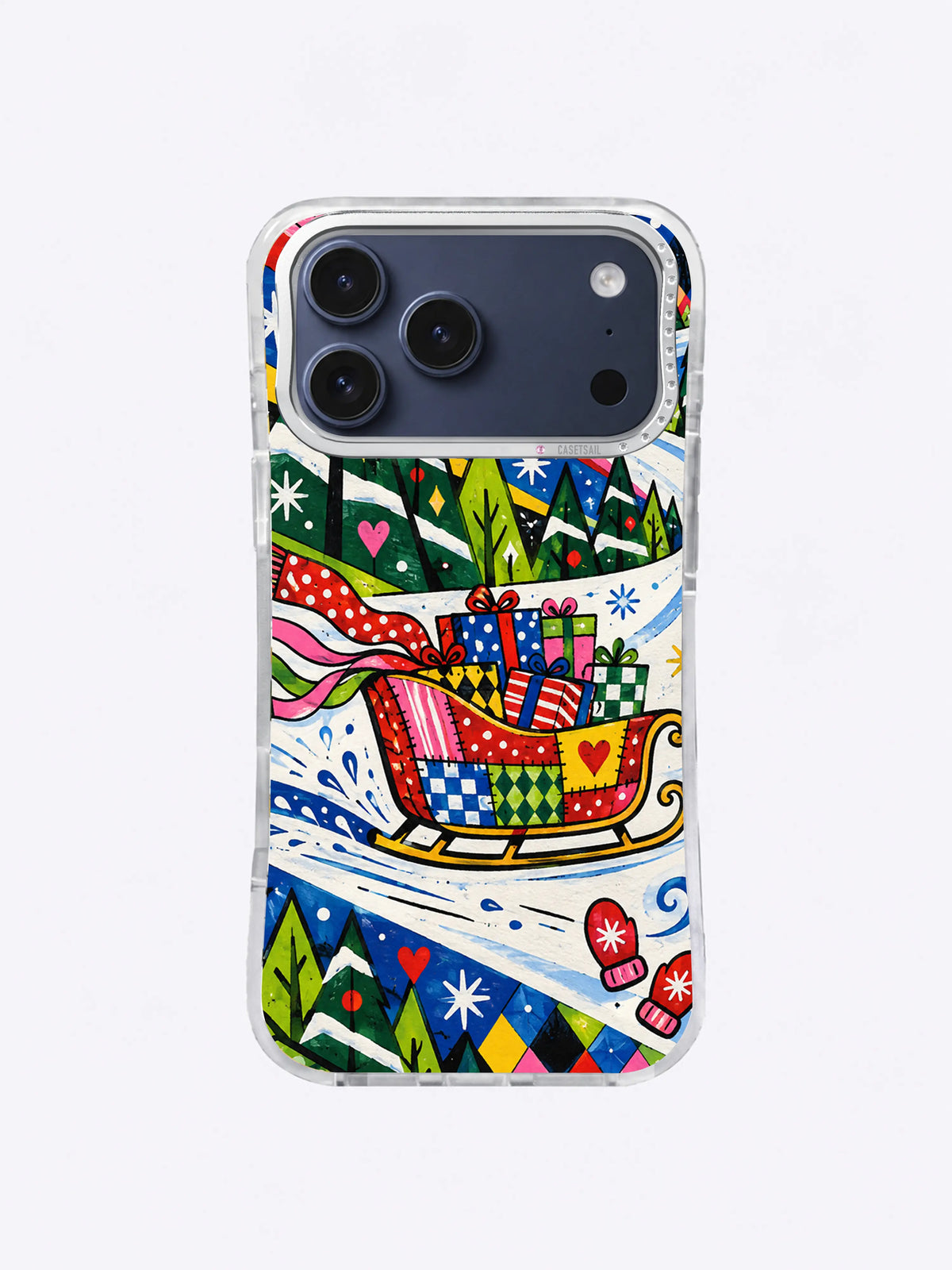 Forest Quilt Gift Run iPhone case art with a patchwork sleigh, colorful parcels, evergreen trees, hearts, diamonds and snow