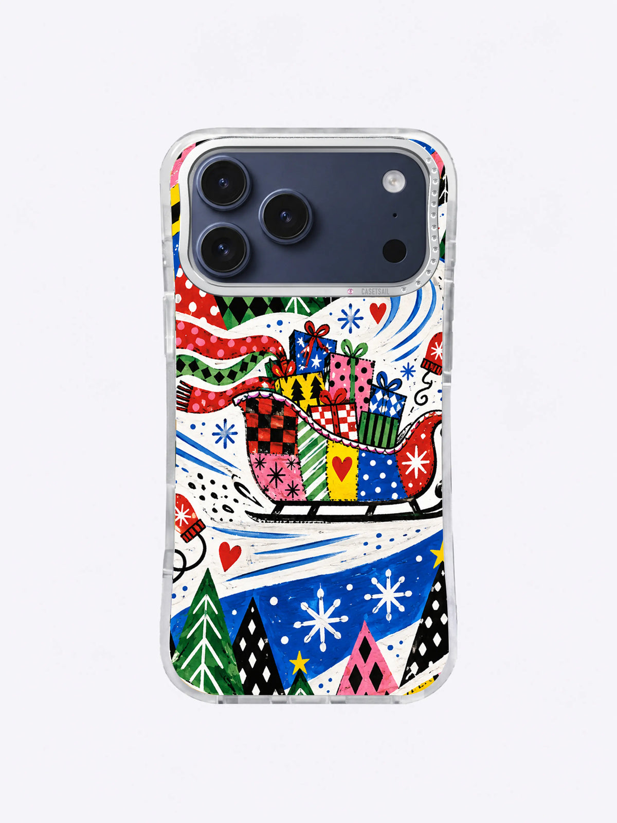 Patchwork Sleigh iPhone case with a red and pink quilted sleigh, stacked gifts, blue snow, fir trees, hearts and snowbursts