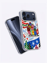 Angled product view of Patchwork Sleigh artwork on an iPhone 17 Pro Max case