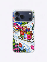 Pink Scarf Sleigh Sprint iPhone case illustration with stacked parcels, checker panels, blue speed bands and red ornaments