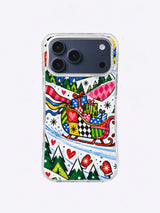 Ribbon Heart Snow Arc iPhone case artwork with a multicolor gift sleigh, pink ribbon, heart panels, firs and starbursts