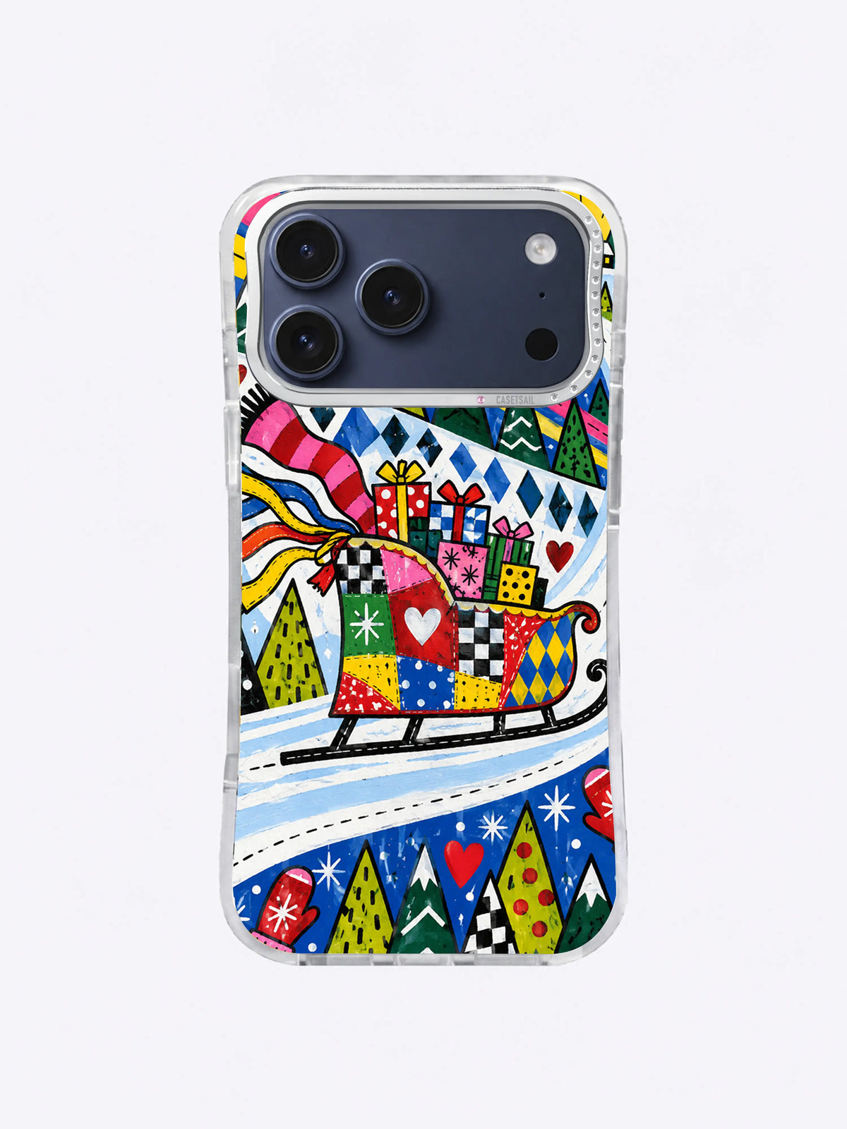 Royal Patchwork Parcel Run iPhone case art with a colorful geometric sleigh, gifts, ribbon trails, diamond fields and angular trees