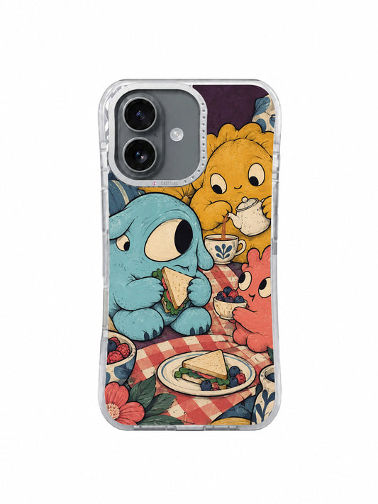 Front view of The Pause Button Picnic iPhone 17 case by Tessa Brindle