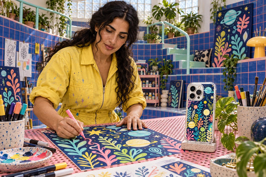 AI-generated studio visualization of Romy Vanta creating phone-case illustrations with a finished design on a display stand