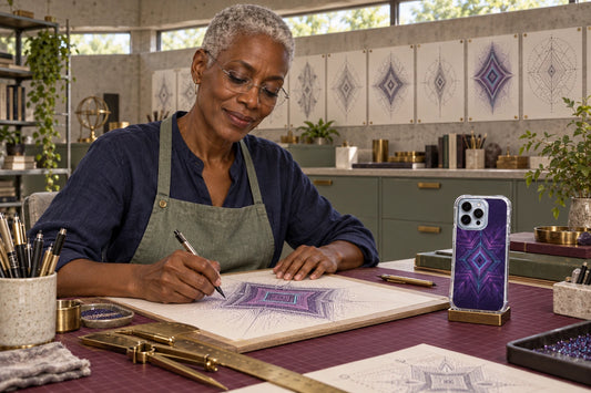 AI-generated studio visualization of Sloane Thorne creating phone-case illustrations with a finished design on a display stand