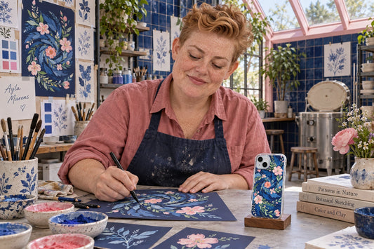 AI-generated visualization of Ayla Marens creating phone-case illustration in a studio; a finished case is displayed on a stand.