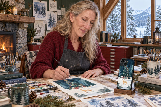 AI-generated visualization of Elara Frostwood creating phone-case illustration in a studio; a finished case is displayed on a stand.