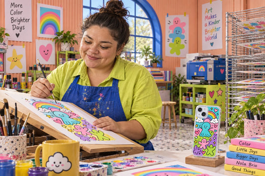 AI-generated visualization of Nola Brio creating phone-case illustration in a studio; a finished case is displayed on a stand.