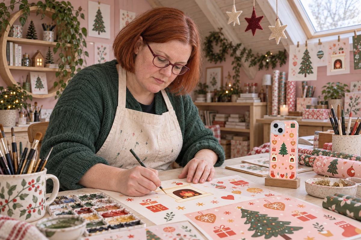 AI visualization of Merry Vellum creating phone-case illustrations in a distinctive studio