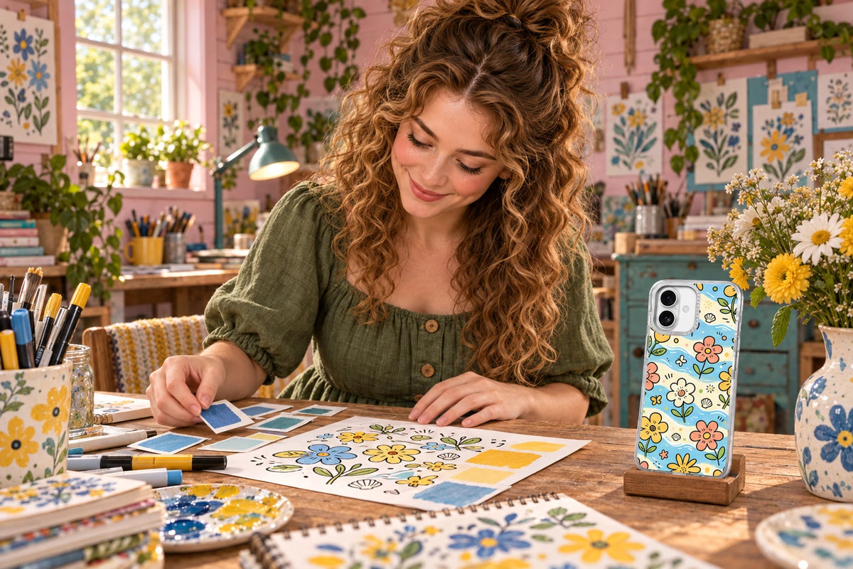 AI visualization of Luna Meadow creating phone-case illustrations in a distinctive studio