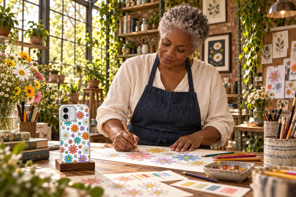 AI visualization of Solea Meadow creating phone-case illustrations in a distinctive studio