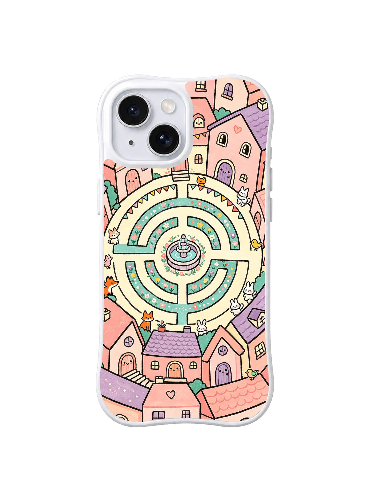 Floral Fountain Maze: A circular garden maze surrounds a small fountain and flower beds.
