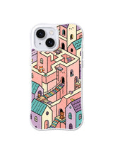 Peach Rooftop Bridges: Peach and lavender rooftops connect through narrow bridges and stairs.
